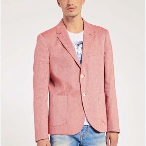 John Varvatos Men’s Blazer Pinstripe Cream Red Linen Cotton Designer Luxe Sz 38